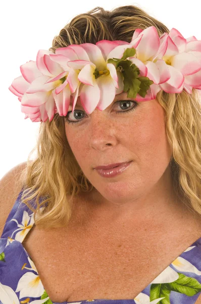 Sexy woman with floral dress and flowers in hair — Stock Photo, Image