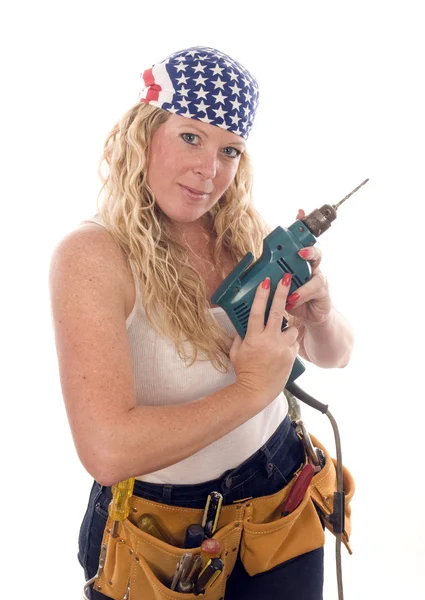 Sexy contractor construction lady with tools — Stock Photo, Image