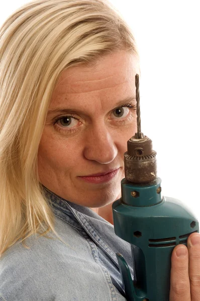 Sexy contractor construction lady with tool — Stock Photo, Image