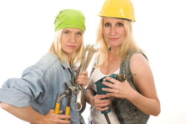 Sexy team contractant bouw dames met tools — Stockfoto