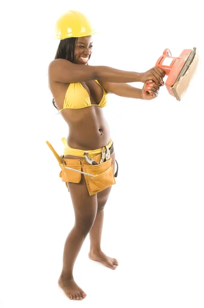 Young pretty hispanic african american woman contractor bikini — Stock Photo, Image