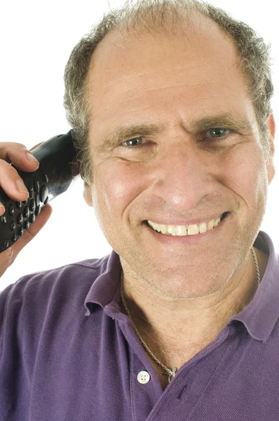 Man middle age happy smiling telephone conversation customer service — Stock Photo, Image