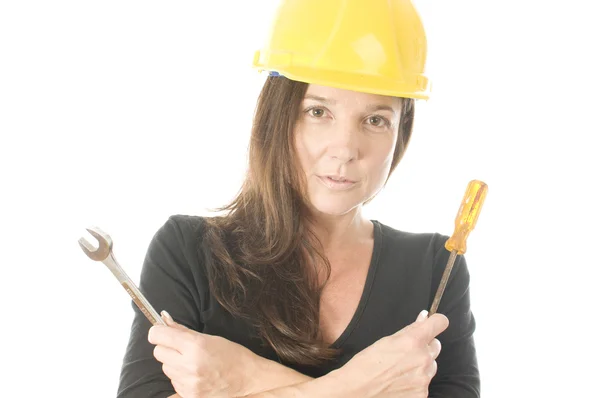 Female worker carpenter builder with tool belt and hard hat helm — Stock Photo, Image