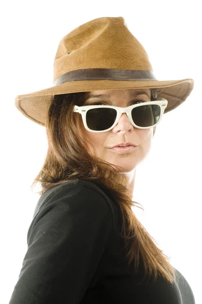 Sexy seductive woman with hat and sunglasses — Stock Photo, Image