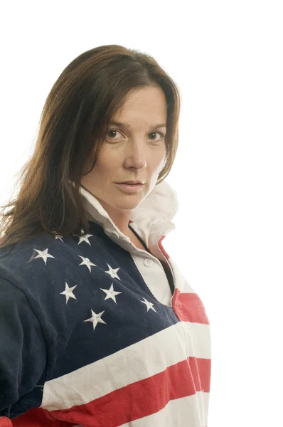 Schattig middelbare leeftijd vrouw patriottische Amerikaanse vlag rugby shirt — Stockfoto