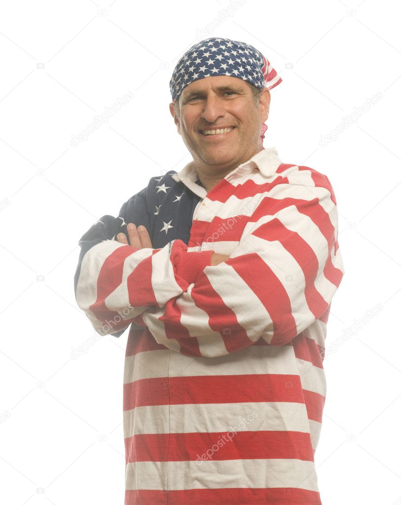 patriotic American man wearing flag shirt with national flag