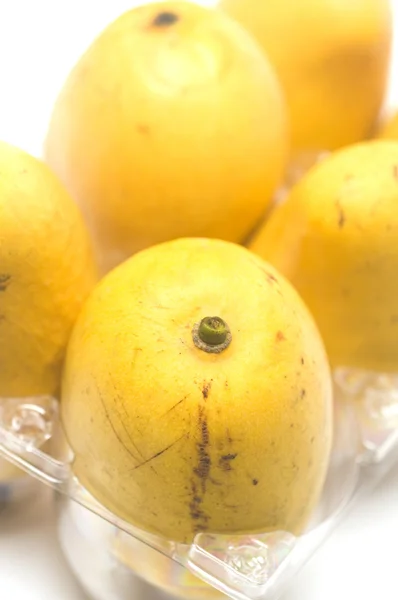 Champagne mangos in plastic box white background — Stock Photo, Image