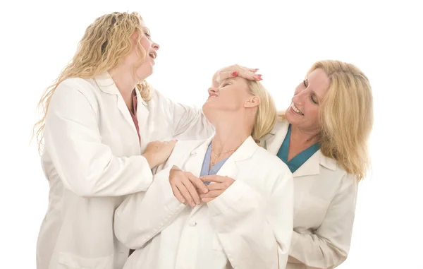 Három ápolók orvosi nőknél a boldog kifejezés — Stock Fotó