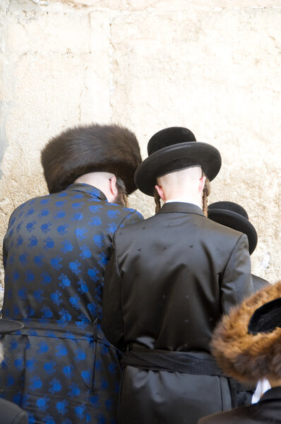 Hasidic Chassidic Jews praying at The Western Wall Jerusalem Israel