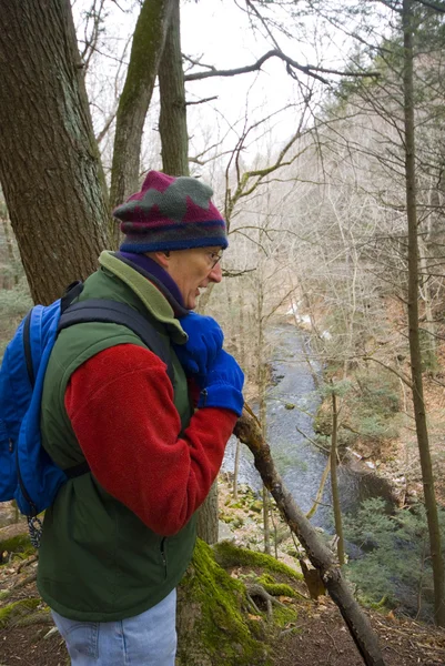 Homme randonnée dans les bois — Photo