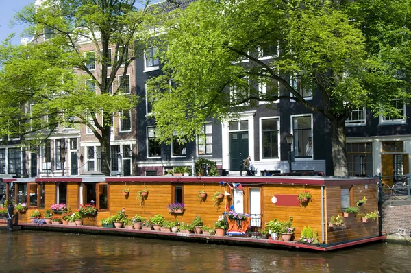 Amsterdam holland canal house boat with flowers — Stock Photo, Image