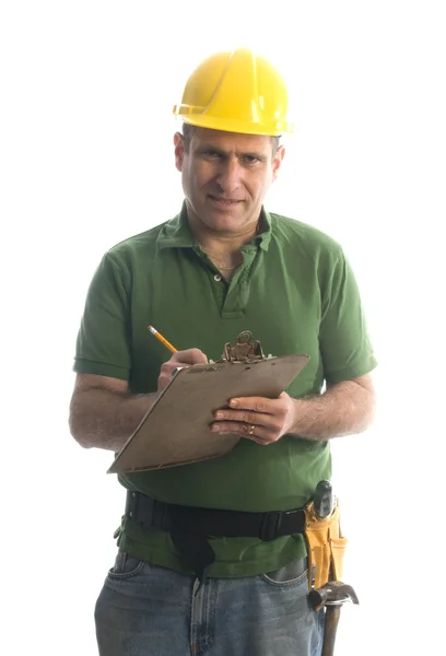 Entreprenör reparatör med verktyget bälte och hammare — Stockfoto