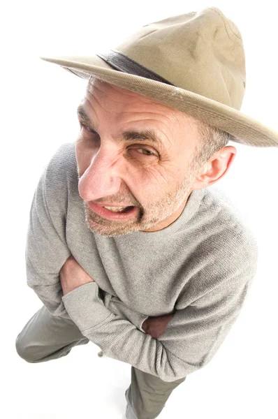Middle age man adventure hat fish eye view — Stock Photo, Image