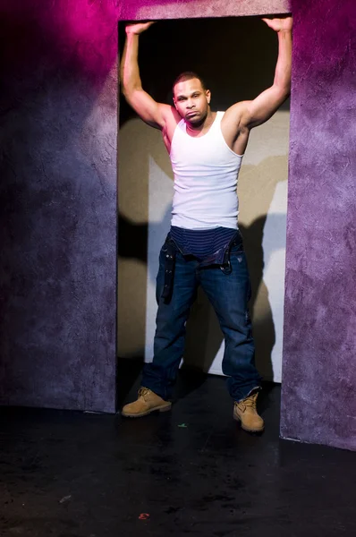 Young african american actor on stage theater portrait — Stock Photo, Image