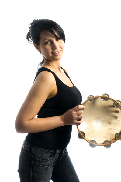 Sexy woman playing tambourine — Stock Photo, Image