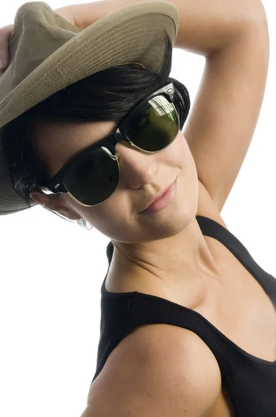 Attractive young sexy woman with hat and sunglasses — Stock Photo, Image