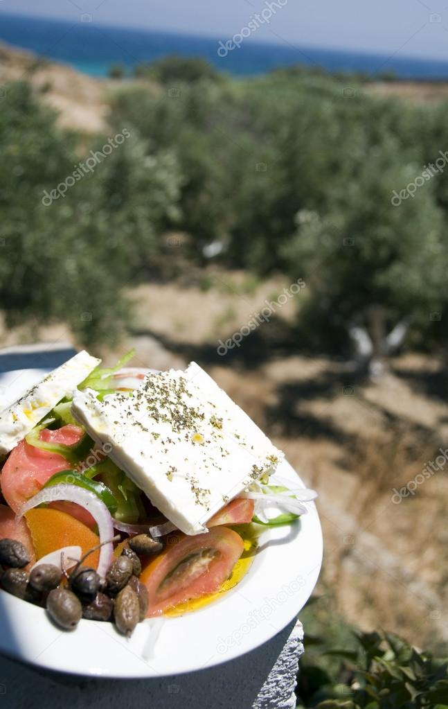 greek salad view of the farm and sea