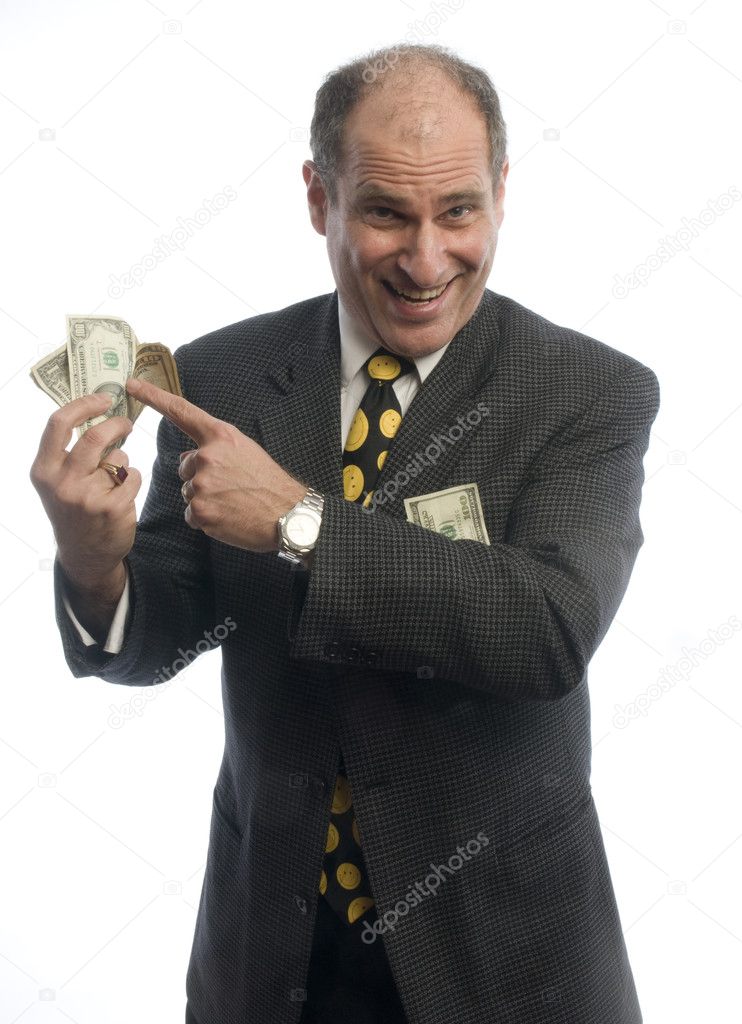 excited business man with wad of money