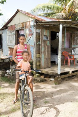 Nicaragua mother daughter bicycle poverty house Corn Island clipart