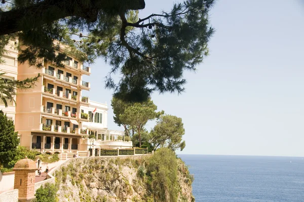 Luxury apartment condos built on rocky cliff over Mediterranean Sea Monte Carlo Monaco — Stock Photo, Image