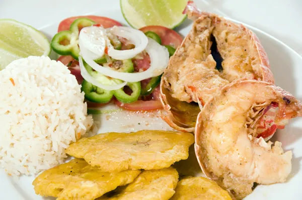 Caribbean lobster tail dinner with tostones rice salad — Stock Photo, Image
