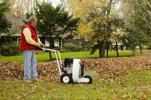 Huiseigenaar met behulp van professionele bladblazer — Stockfoto