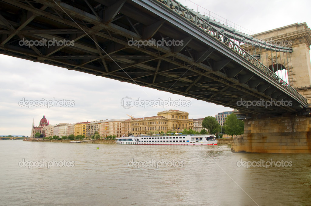 Panoramic view of Hungarian House of Parliament building cityscape of Danube River dividing Buda and Pest under The Chain Bridge Budapest Hungary Europe