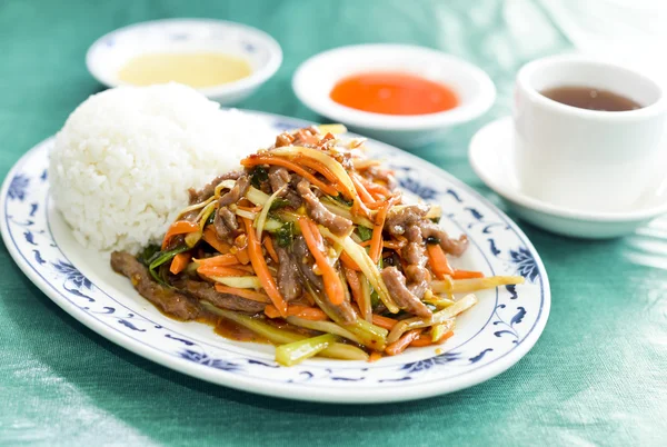 Rice with fried duck and vegetables — Stock Photo, Image
