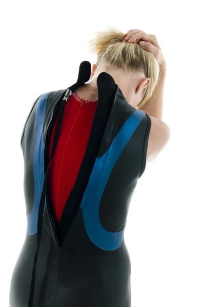 Middle age female tri-athlete in swimming wet suit — Stock Photo, Image