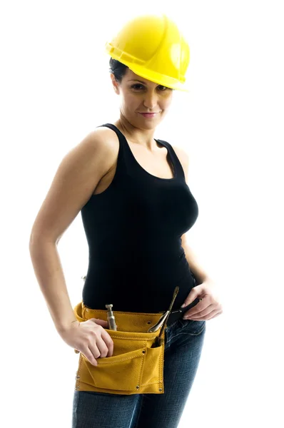 Ganska sexiga kvinnliga unga byggnadsarbetare — Stockfoto