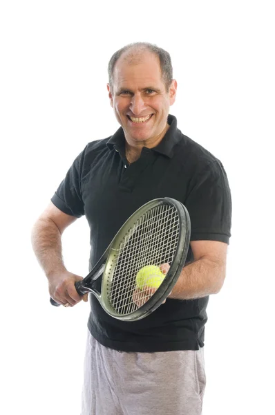 Happy middle age man playing tennis — Stock Photo, Image