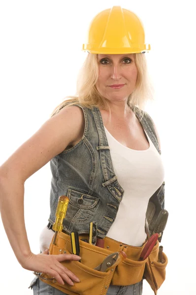 Sexy contractor construction lady with tools — Stock Photo, Image