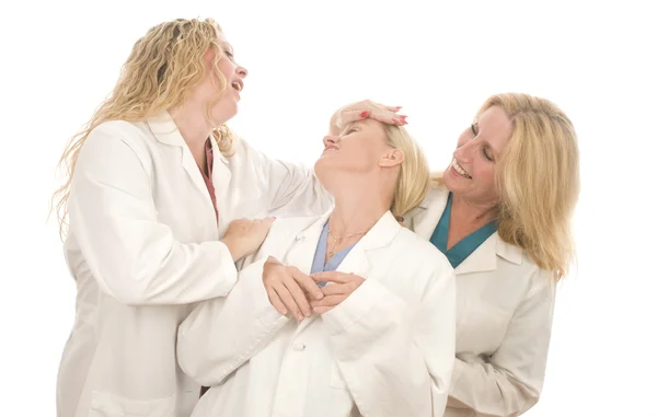Három ápolók orvosi nőknél a boldog kifejezés — Stock Fotó