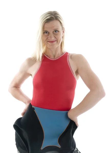 Middle age female triathlete in swimming wet suit — Stock Photo, Image