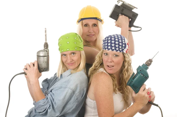 Sexy team contractor construction ladies with tools — Stock Photo, Image