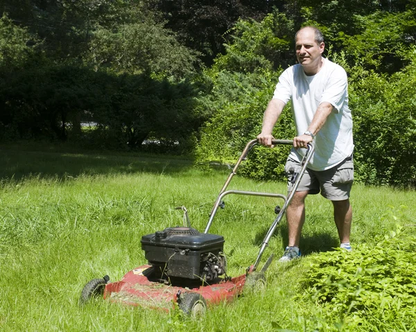 Man cutting grass at suburban house Stock Image
