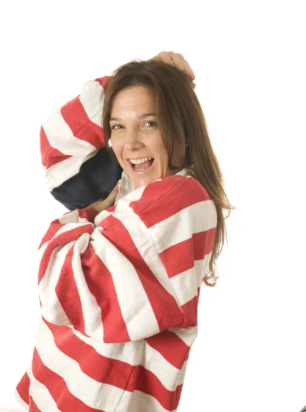 Патриотичная американка с флагом США — стоковое фото