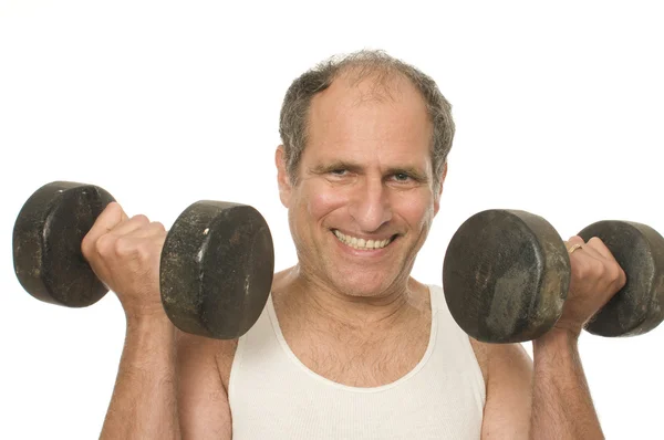 Middle age senior man working out with dumbbell weights — Stock Photo, Image