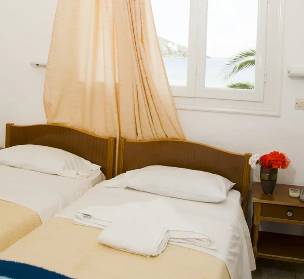 Greek Island guest house room interior sea view window — Stock Photo, Image