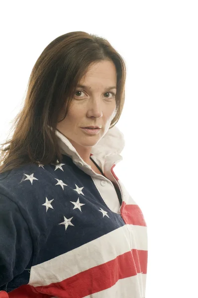 Aranyos középkorú nő hazafias amerikai zászló rögbi ing — Stock Fotó