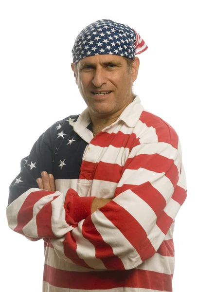 애국적인 미국 사람이 국기와 깃발 셔츠를 입고 — 스톡 사진