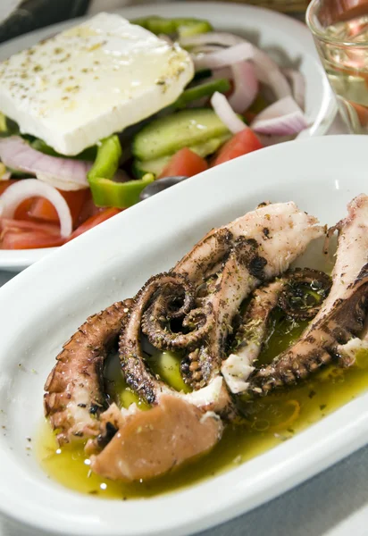 Marinerad bläckfisk grekisk sallad husets vin grekiska öarna — Stockfoto