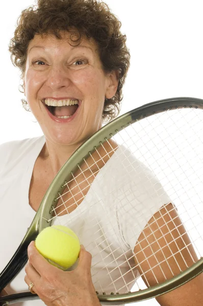 Glada medelålders senior kvinna idrottsman tennisspelare. — Stockfoto