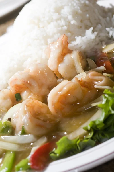 Gambas comida vietnamita salteado en salsa de miel de jengibre tom xao gung — Foto de Stock