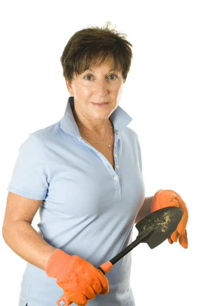 Female middle age senior woman gardener hand tool hoe trowel spade — Stock Photo, Image