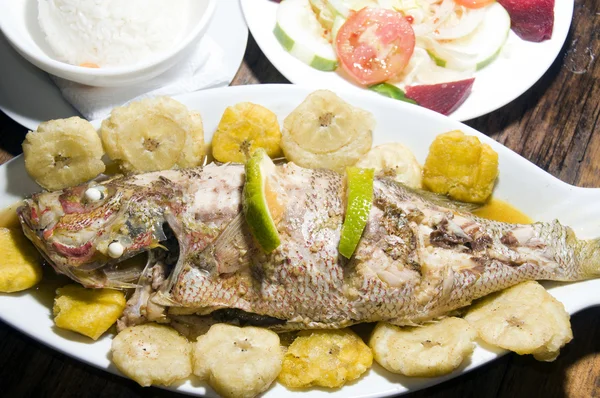 Fish dinner with tostones rice salad big corn island nicaragua — Stock Photo, Image