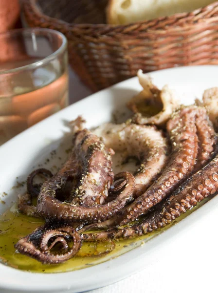 Marinated octopus house wine crusty break Greece food — Stock Photo, Image