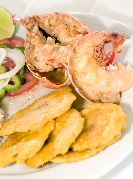 Karibia lobster tail dinner with tostones rice salad — Stok Foto