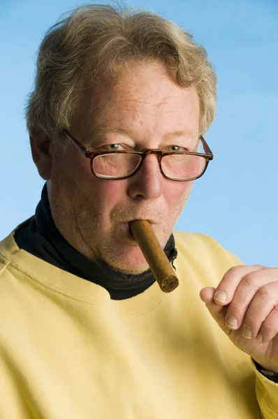 Handsome cigar smoking middle age senior man worn turtleneck shirt — Stock Photo, Image