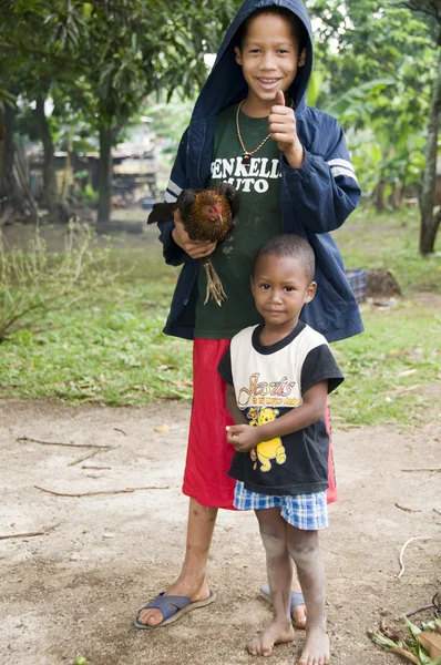 Heureux garçon avec poule chat poulet maïs île nicaragua — Photo